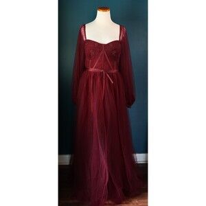 Maroon Tulle Sweetheart Beaded Corset Balloon Sleeve Long Dress Fairy Whimsy 20